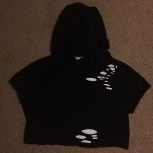 Distressed black cropped shirt with hood
